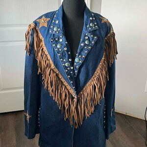 VTG. Gepetto Western Denim Jacket with Brown Fringe, Rhinestone Studs Women sz M